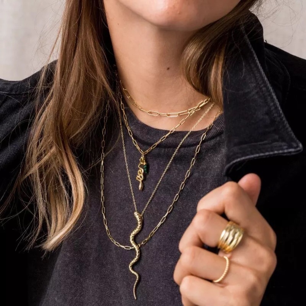 "Double Dare" Diamond Snake Gold Dainty Jeweled Statement Casual Trendy Necklace - Picture 5 of 6